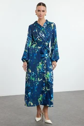 Navy Blue Floral Patterned Double Breasted Woven Dress