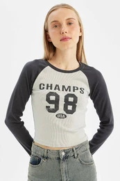 Anthracite Cool Fitted Crew Neck Ribbed Camisole Printed Long Sleeve T-Shirt