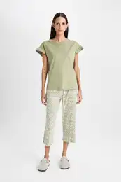 Fall In Love Pajama Set Crew Neck Short Sleeve Top Patterned Short Waist Elastic Bottom