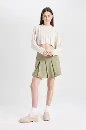 Cool Pleated Normal Waist Basic Plain Gabardine Mini Skirt