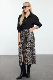 Multicolored Animal Leopard Patterned Front Slit Maxi Length Woven Skirt