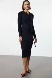 Navy Blue Maxi Belted Knit Dress