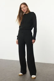Black Hooded Premium Yarn/Special Yarn Knitwear Bottom-Top Set