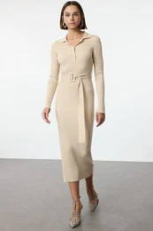 Beige Maxi Belted Knit Dress