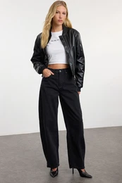 Black More Sustainable Stitch Detail Low Waist Skater Baggy Jeans