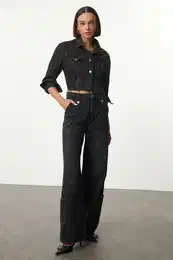 Black Pocket Detailed High Waist Wide Leg Jeans