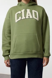 Green Thick Fleece Slogan Printed Hooded Oversize/Wide Cut Knitted Sweatshirt