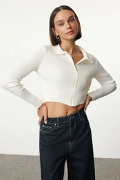 Ecru Crop Zippered Knitwear Cardigan