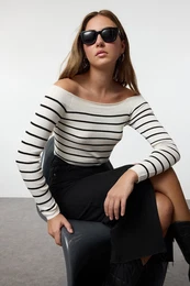 Ecru Boat Neck Striped Knit Sweater