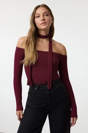 Claret Red Corduroy Carmen Collar Shawl Detailed Fitted/Fits Crop Flexible Knitted Blouse