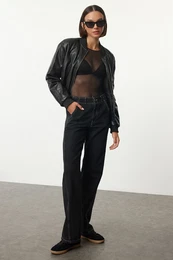 Black More Sustainable Contrast Stitched High Waist Wide Leg Jeans