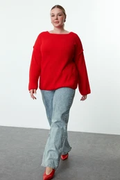 Curve Red Boat Neck Stitching Detailed Knitwear Sweater