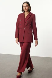 Burgundy Button Detailed Woven Blazer Jacket