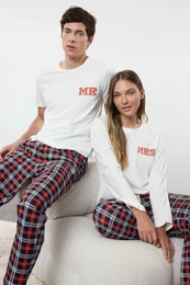 Women's Couple White 100% Cotton Plaid Slogan Knitted Pajama Set