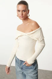 Ecru*001 Carmen Collar Color Block Knitwear Sweater