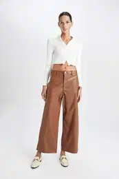 Culotte Crop Faux Leather Pants High Waist Wide Leg