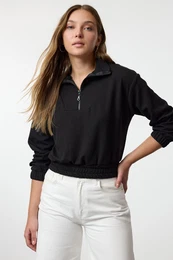Black Stand Collar Zippered Crop Knit Sweatshirt