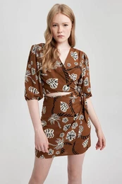 Patterned V-Neck Tie Short Sleeve Blouse