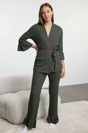 Khaki Belted Ruffled Ribbed Knitted Pajama Set