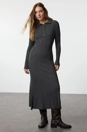 Anthracite Polo Button-down Collar Rib Knit Dress