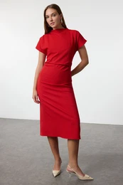 Red A-Line Cowl Neck Midi Crepe Woven Dress