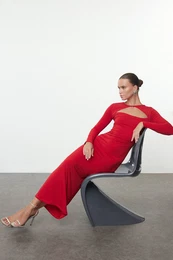 Red Cut Out/Window Detailed Knitted Elegant Evening Dress