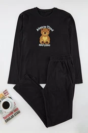Men's Black Teddy Bear Embroidered Regular Fit Knitted Pajama Set