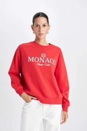 Red Back to School Relax Fit Crew Neck Printed Thick Casual Sweatshirt