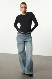 Black Crew Neck Slim/Fitting Knitted Bodysuit