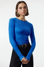 Saks Premium Viscose Crew Neck Crop Stretchy Knitted Blouse