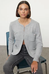 Gray Pocket Detailed Knitwear Cardigan