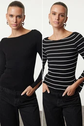 Black-Ecru Basic 2-Pack Plain-Striped Knitwear Sweater