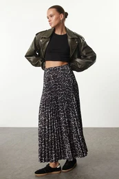 Dark Brown Pleated Leopard Printed Stretchy Knitted Skirt