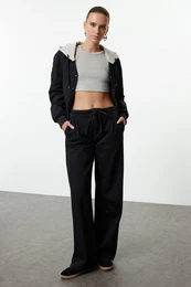 Black Elastic Waist High Waist Wide Leg Jeans