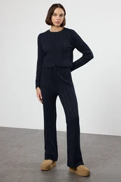 Navy Blue Crop Sweater-Pants Denim Bottom-Top Set