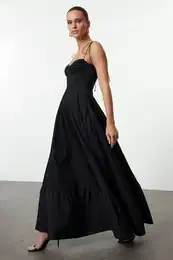 Black Drape Detailed Woven Maxi Dress