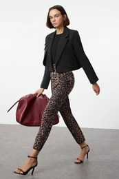 Multi-Colored Cigarette Pattern Leopard/Animal Pattern High Waist Ankle Length Woven Trousers