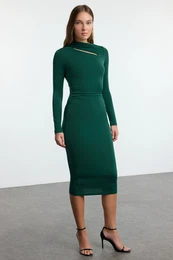 Emerald Green Cut Out Detailed Fitted Midi Stretchy Knitted Dress