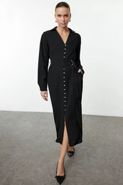 Black Belted Maxi Button Detailed Woven Dress