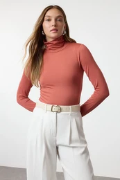 Cinnamon Fitted/Fits the Body Stand Collar Snap-Front Flexible Knitted Bodysuit