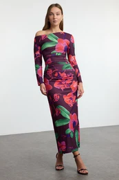 Multicolored Floral Fitted Gather/Drape Detail Maxi Knit Dress