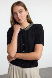 Black Crop 100% Cotton Crew Neck Beaded Detailed Hair Knitted Sweater Cardigan