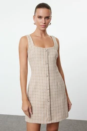 Beige Tweed Woven Short Dress
