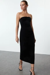 Black Strapless Velvet Knitted Chic Midi New Year's Eve Evening Dress