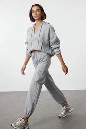 Gray Melange Cargo Pocket Elastic Leg Thick Knitted Sweatpants