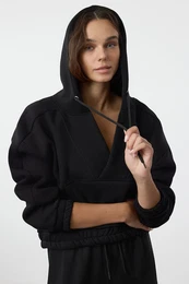 Black Oversize/Wide Pattern Thick Polar Fleece Hooded V Neck Knitted Sweatshirt