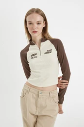 Coool Fitted Ribbed Camisole Half Zipper Stand Collar Color Block Printed Long Sleeve T-Shirt