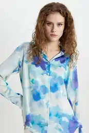 Oversize Wide Patterned Satin Long Sleeve Shirt