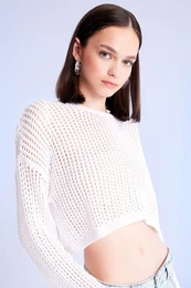 Regular Fit Crew Neck Crochet Openwork Crop Knitwear Sweater