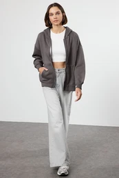 Anthracite Oversize/Relaxed Fit Basic Hooded Zippered Thick Inside Fleece